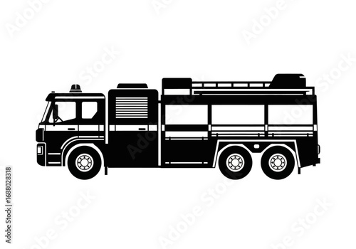 Side view of a modern fire engine truck vehicle silhouette. Black and white emergency response transport icon illustration on an isolated background