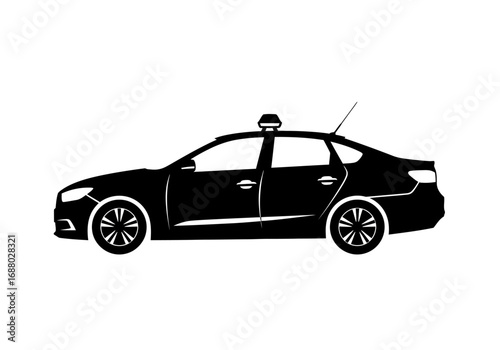 Side profile of a modern taxi cab sedan. Black and white vector silhouette of a public transport vehicle, isolated on a white background for design