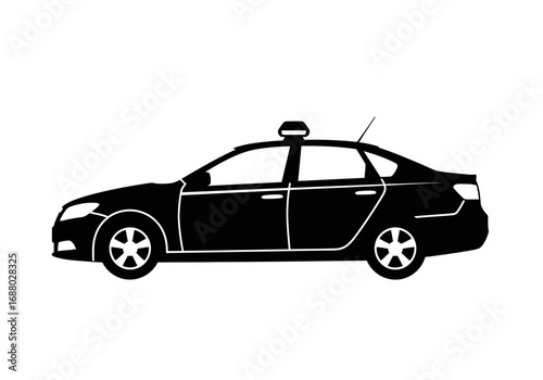 Side profile illustration of a generic sedan-style vehicle, commonly used for public transportation as a taxi, depicted in a stark black and white silhouette