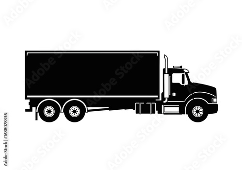 Vector silhouette of a heavy-duty commercial truck with a large cargo container, isolated side profile for transportation and logistics