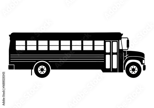 Side profile silhouette of a traditional school bus vehicle. Simple black graphic icon isolated on a white background for design projects