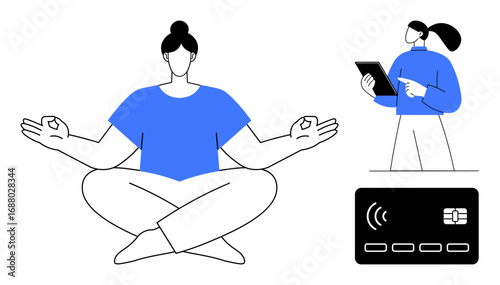Woman meditating in yoga pose, another using a tablet, and a contactless payment card. Ideal for mindfulness, digital payment, mobile technology, wellness, modern lifestyle, stress relief simple