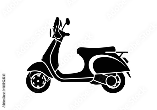 Side profile of a classic motor scooter silhouette. Flat vector graphic design element isolated on white for transportation or lifestyle concepts