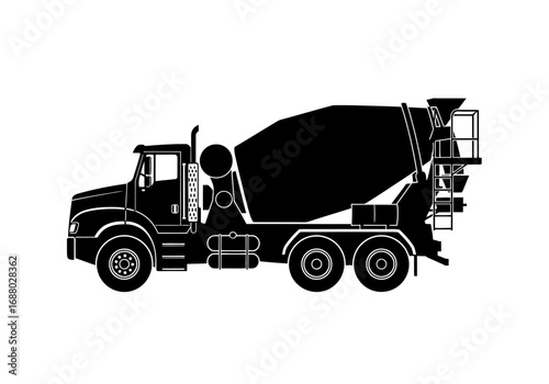 Black vector silhouette of a heavy-duty cement mixer truck, a graphic icon representing the construction and transportation industry