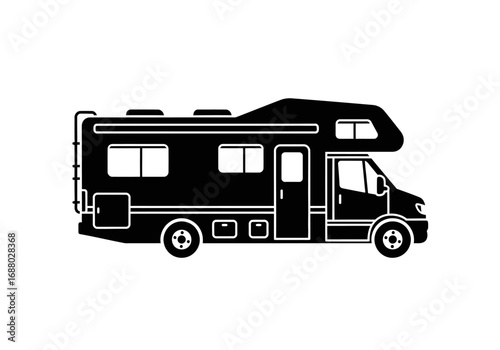 Monochrome vector silhouette of a class C motorhome. Isolated recreational vehicle icon for camping, travel, and road trip concepts