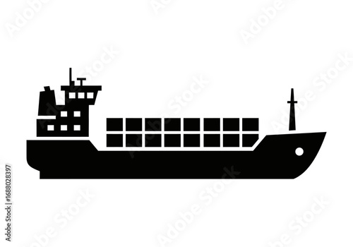 Simple black silhouette icon of a container cargo ship. Vector graphic of a maritime freight transport vessel for logistics and global trade