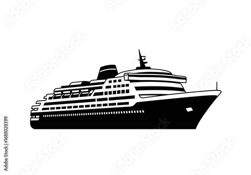 Stylized monochrome illustration of a passenger cruise ship, a symbol of luxury travel and maritime transport