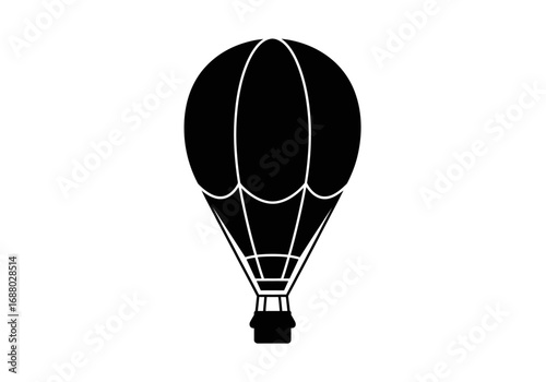 A black and white illustration of a hot air balloon with a basket suspended below.