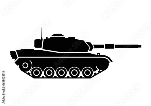 Side view of a black silhouette of a military tank.