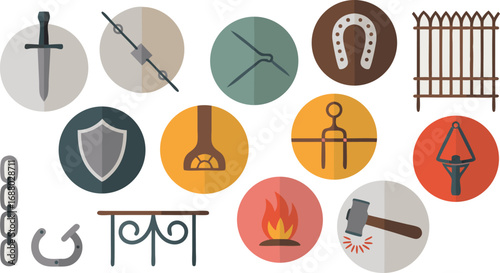 Blacksmith Tool and Weapon Illustrations Sword, Shield, Horseshoe, Fire, Hammer, Chain, and Metalwork Elements