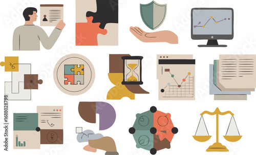 Business and Finance Flat Graphics Team Building, Protection, Data Analysis, and Legal Representation