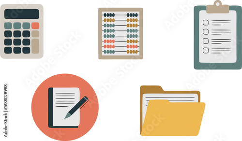 Business Elements Featuring Abacus, Calculator, File Folder, Clipboard and Notebook, Isolated on White