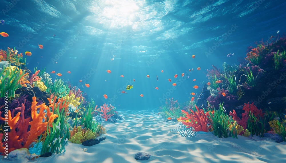 Naklejka premium The illustration shows a vibrant underwater scene with colorful coral, various fish species, and a sandy seabed, illuminated by sunlight from above.