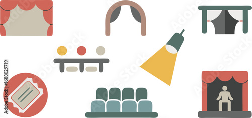 Cartoon Depicting a Theater with Stage, Ticket, Audience, Spotlight, and Colorful Elements