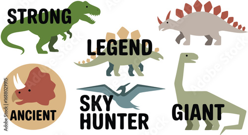 Cartoon Dinosaurs Clipart with Typography Tyrannosaurus Rex, Stegosaurus, Triceratops, Pterodactyl, Brachiosaurus