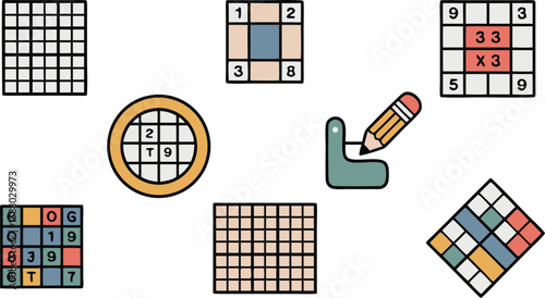 Cartoon Featuring Grid Puzzles, Math Equations, Numbers, Letters and Pencil with a Table Stand