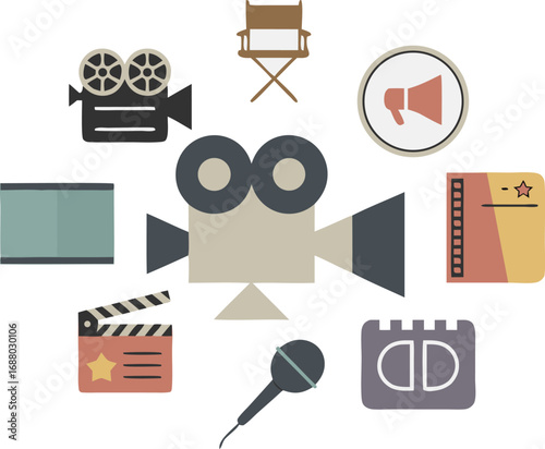 Cartoon Film Production Icons Camera, Director's Chair, Clapperboard, Microphone, Megaphone, Film Reel, Ticket