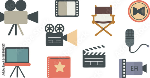 Cartoon Film Production Elements Camera, Director's Chair, Microphone, Film Strip, Clapper Board, Monitor, and Star