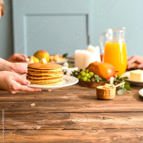 Stack of pancakes being served