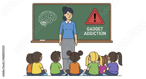 Cartoon teacher educating children about gadget addiction with brain diagram.