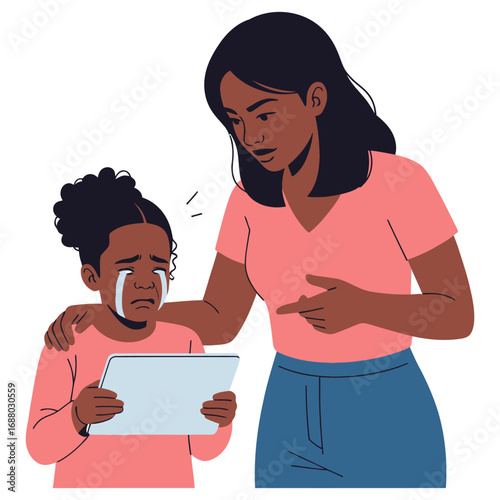 Concerned mother consoling crying child holding tablet with digital parenting.