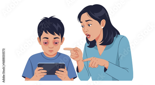 Concerned mother scolding tired redeyed son engrossed in phone game.