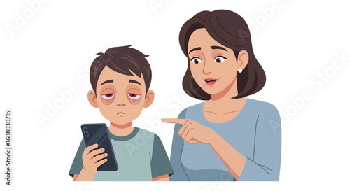 Tired Boy with Phone and Concerned Woman Pointing Finger Illustration.