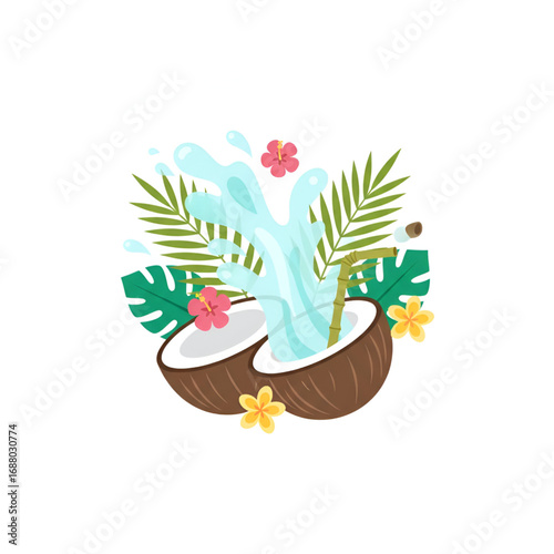 An illustration of a fresh coconut drink. The image shows a cracked coconut with water splashing out and a bamboo straw inserted