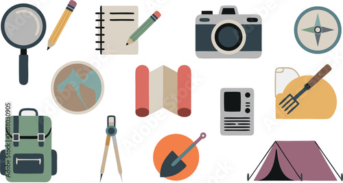 Cartoon Illustration of Camping Essentials Backpack, Tent, Camera, Map, Compass, and More