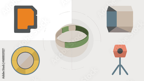 Cartoon Illustration of Data Storage Card, Wearable Technology, and ThreeDimensional Polygon Shape
