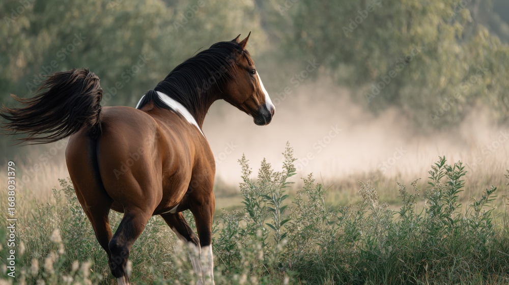 Fototapeta premium Majestic horse trotting in a serene landscape during golden hour