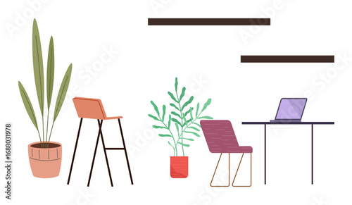Green plants complement sleek furniture, including chairs, table, and laptop for a minimalist workspace. Ideal for productivity, modern design, eco-living, workspace inspiration, remote work setup