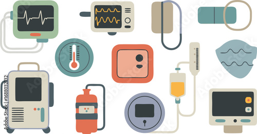 Cartoonish Medical Equipment Heart Monitors, Temperature Gauge, IV Drip, Oxygen Mask, and Other Healthcare Instruments