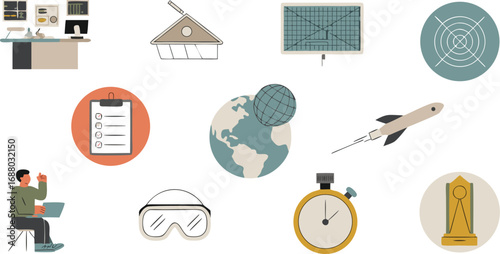 CartoonStyle Graphics Office Setting, Surveillance, Globe, Rocket, Stopwatch, Goggles, and Checklist Symbols