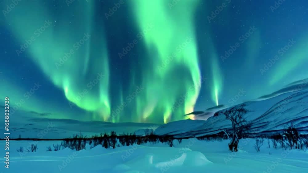 Stunning Display of Northern Lights Illuminating the Polar Night Landscape in Winter.