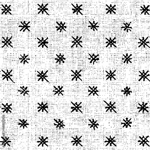 Distressed pattern featuring black asterisk like shapes scattered on a textured white background design art