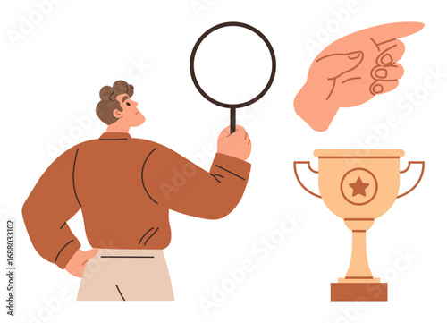 Man examining with magnifying glass, hand pointing towards a direction, and trophy emphasizing goals. Ideal for analysis, focus, leadership, success, ambition goals and direction. Simple flat