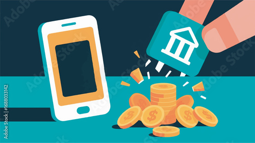 Illustration of Empty Digital Wallet and Bank Icon Crushing Coins Vector Design Template