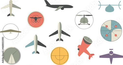Collection of Stylized Aircrafts, Helicopters, Hang Glider and Radar Screen Illustrations on a White Background