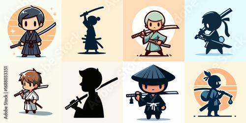 vector illustration set of cartoons carrying katana