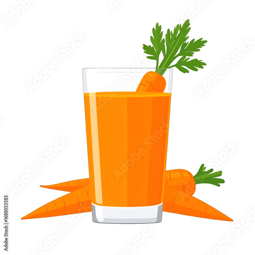 Tall Glass of Vibrant Orange Carrot Juice with Fresh Green Tops on a Pure White Background Simple Still Life Illustration