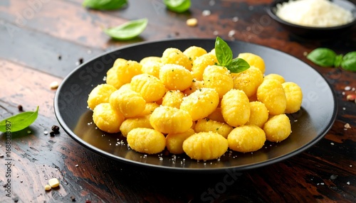 Pile of golden pasta on black plate