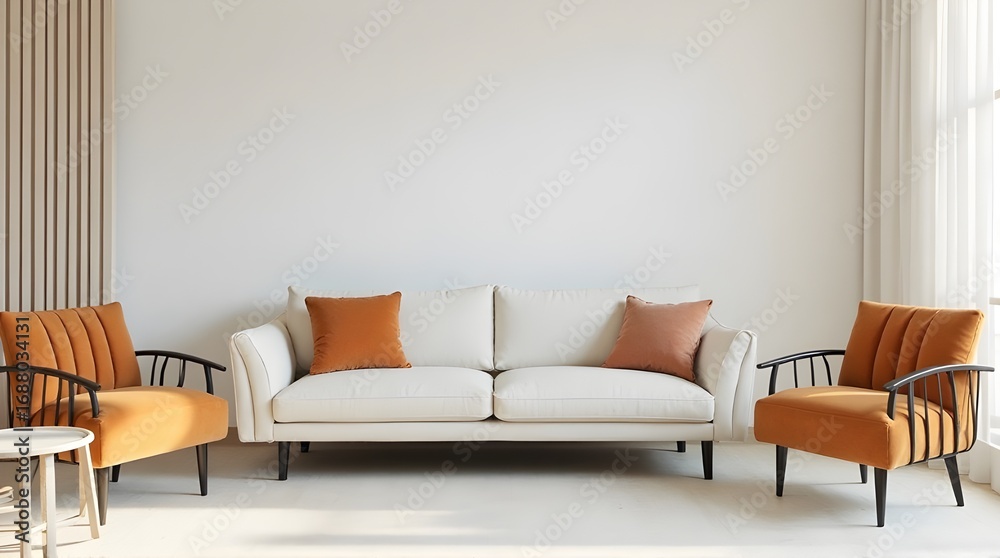 Obraz premium Stylish modern living room with comfortable white sofa and chic orange accent chairs, perfect for home decor inspiration.
