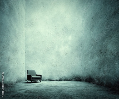 A muted, teal-toned interior space, featuring a solitary armchair positioned in a corner, evoking a sense of quiet solitude and understated elegance.