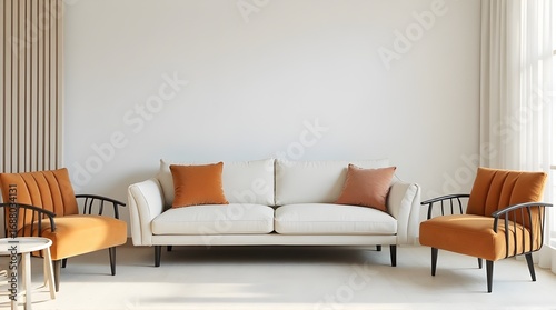 Stylish modern living room with comfortable white sofa and chic orange accent chairs, perfect for home decor inspiration.