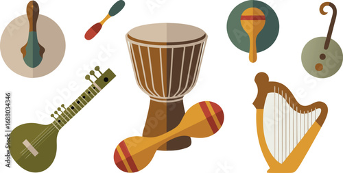 Colorful Cartoon Collection Djembe, Maracas, Harp, Tanpura, Musical Spoons, and More Instruments