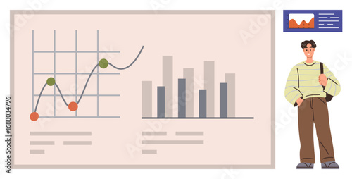 Man studying line graph and bar chart with growth metrics and analysis. Ideal for education, research, analytics, career development, business planning, strategy, finance, simple flat metaphor