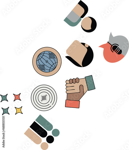 Colorful Elements Handshake, Globe, Musical Bird, Abstract Shapes on a White Background