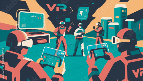 Illustration of VR War Game Character with Futuristic Background Vector Design Template