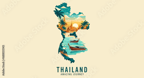 A vibrant illustration of Thailand's outline showcasing idyllic beaches, traditional boats, and a stunning sunset.
